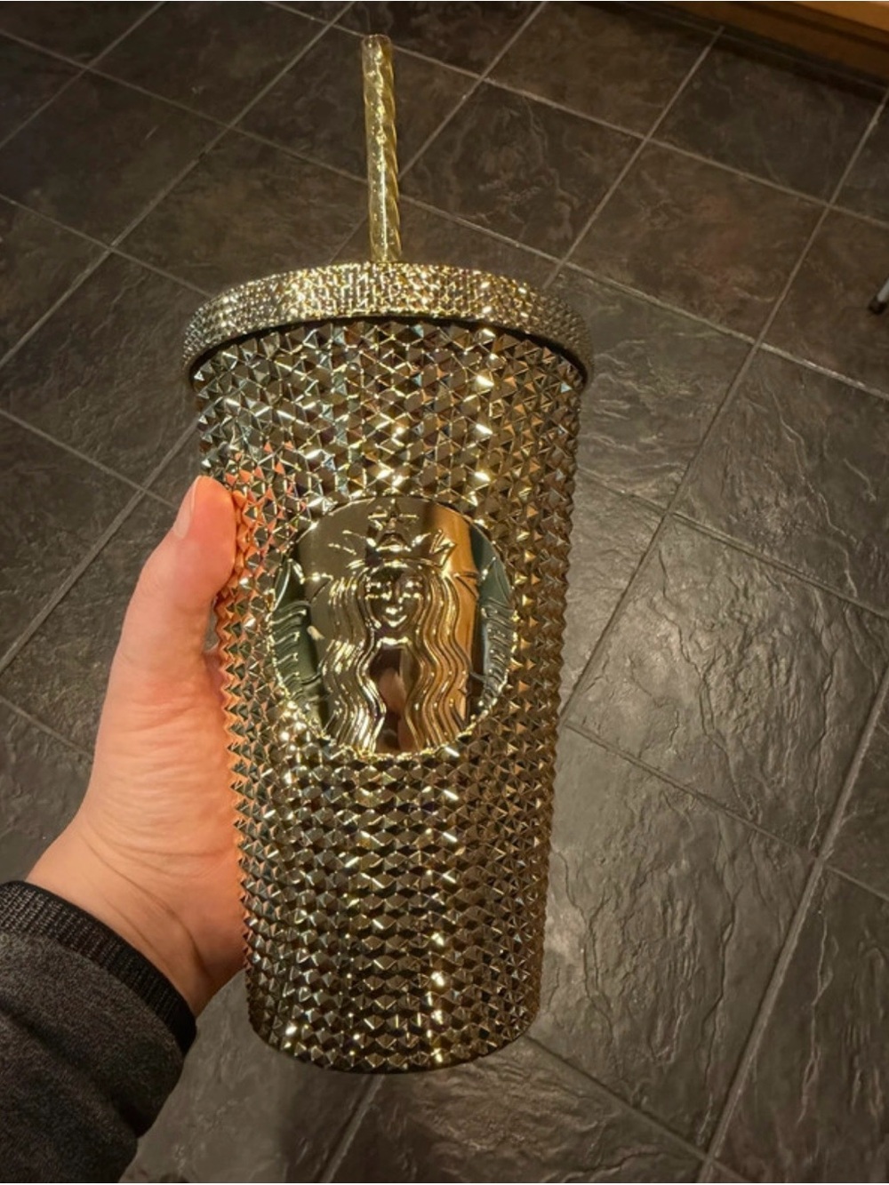 Starbucks Metallic Gold Studded Reusable Cup with Straw holiday 2022